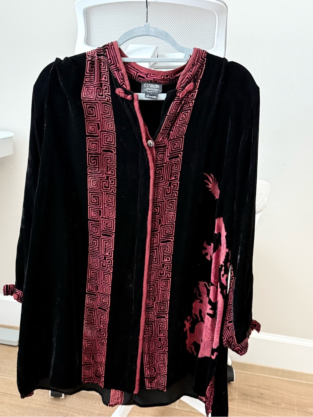 Citron Black Velvet Top with Deep Pink Embroidered Trim